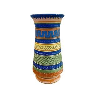 Vintage Tonala Aztec Ware Design Hand Painted Clay Vase 8.875” Mexico